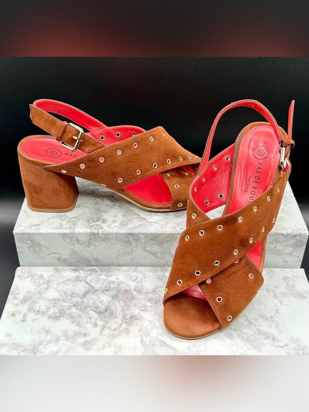PAS DE ROUGE Brown Suede Slingback Sandals - Block Heel. EU size 40